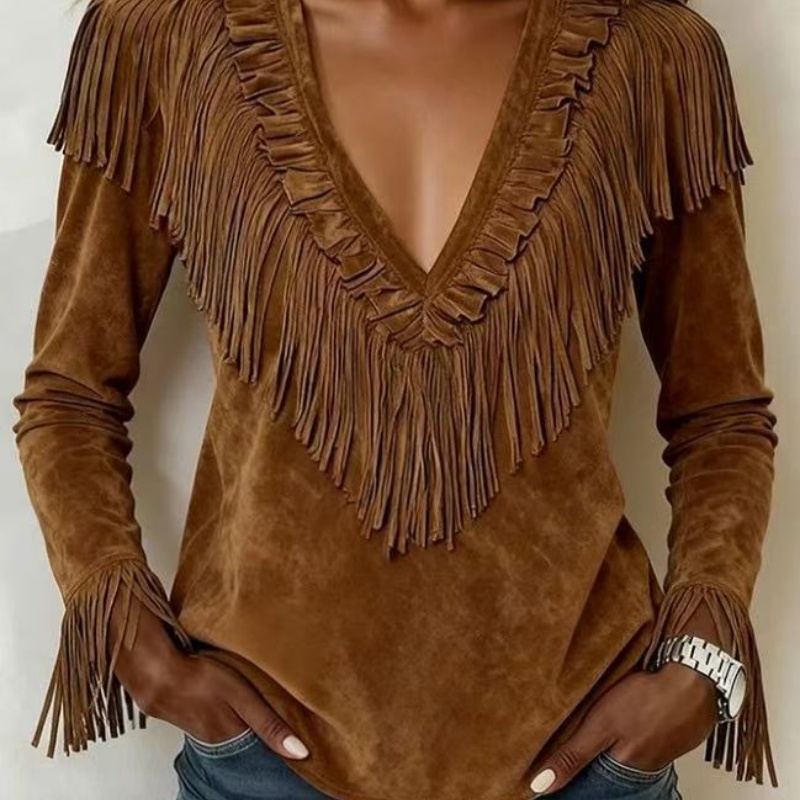 Tassel Suede V Neck Stylish And Form-fitting Fall Winter Coat