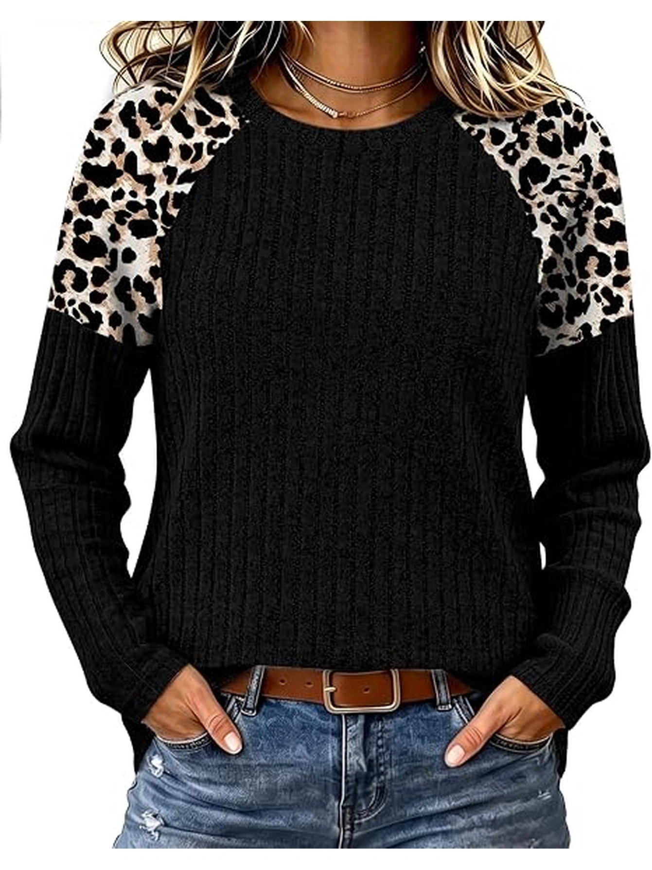Women's Jacquard Sweater Loose-fitting Round-neck Top