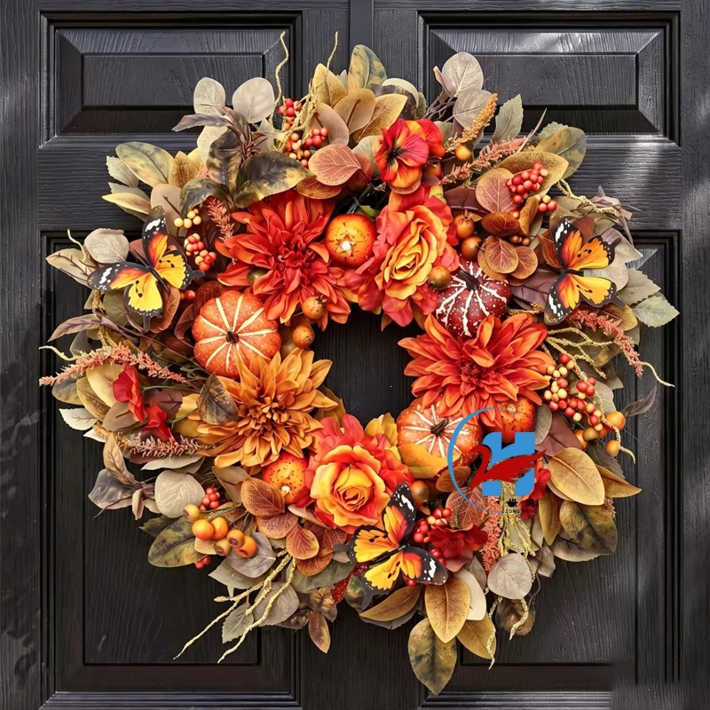 Autumn Pumpkin Berry Sunflower Wreath