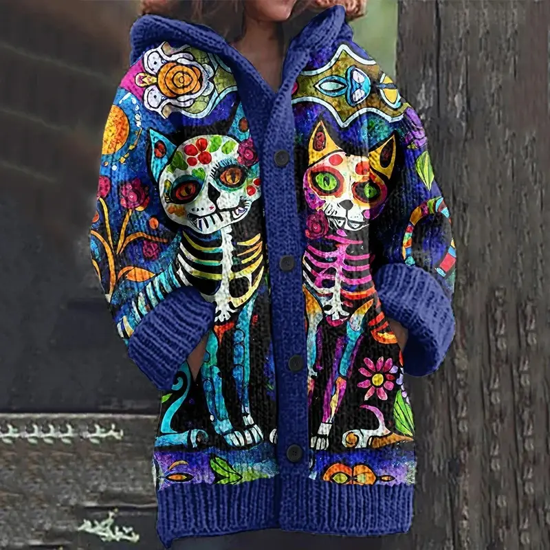 New Christmas Abstract Printed Casual Cloak Coat