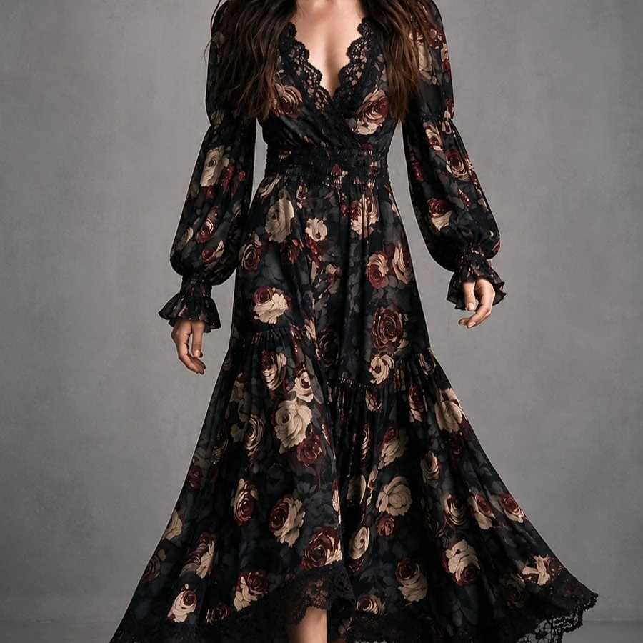Printed Deep-V Lace Dress For Women