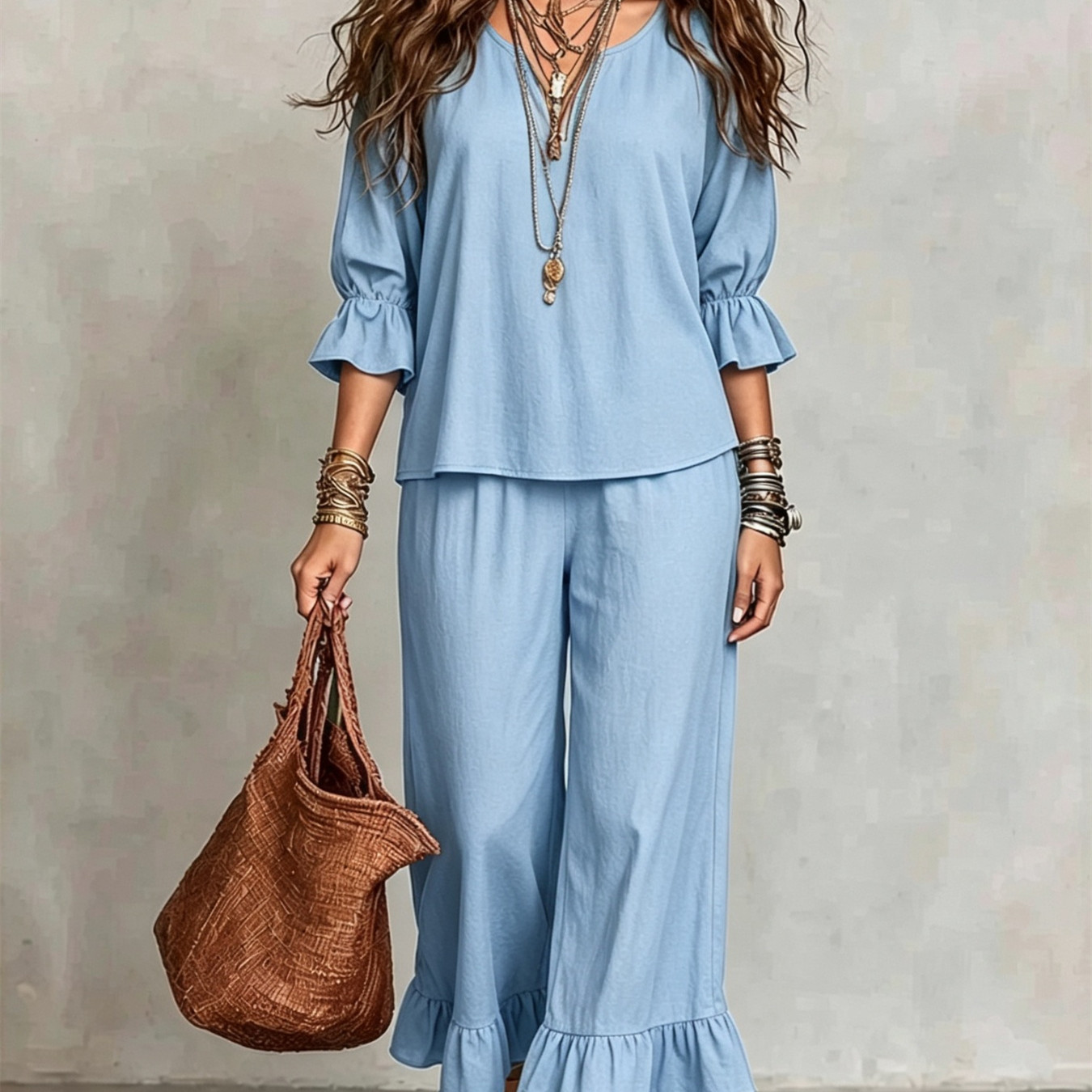 Women's Solid-color Loose-fit Casual Button-up Set