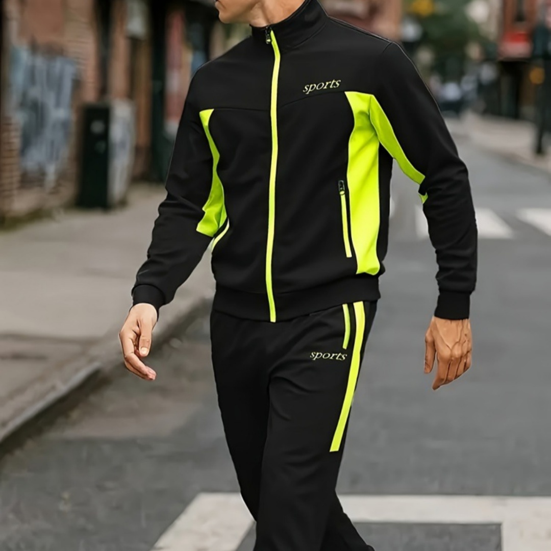 Men's Autumn Casual Sportswear Set With A Stand-up Collar And Color-block Design