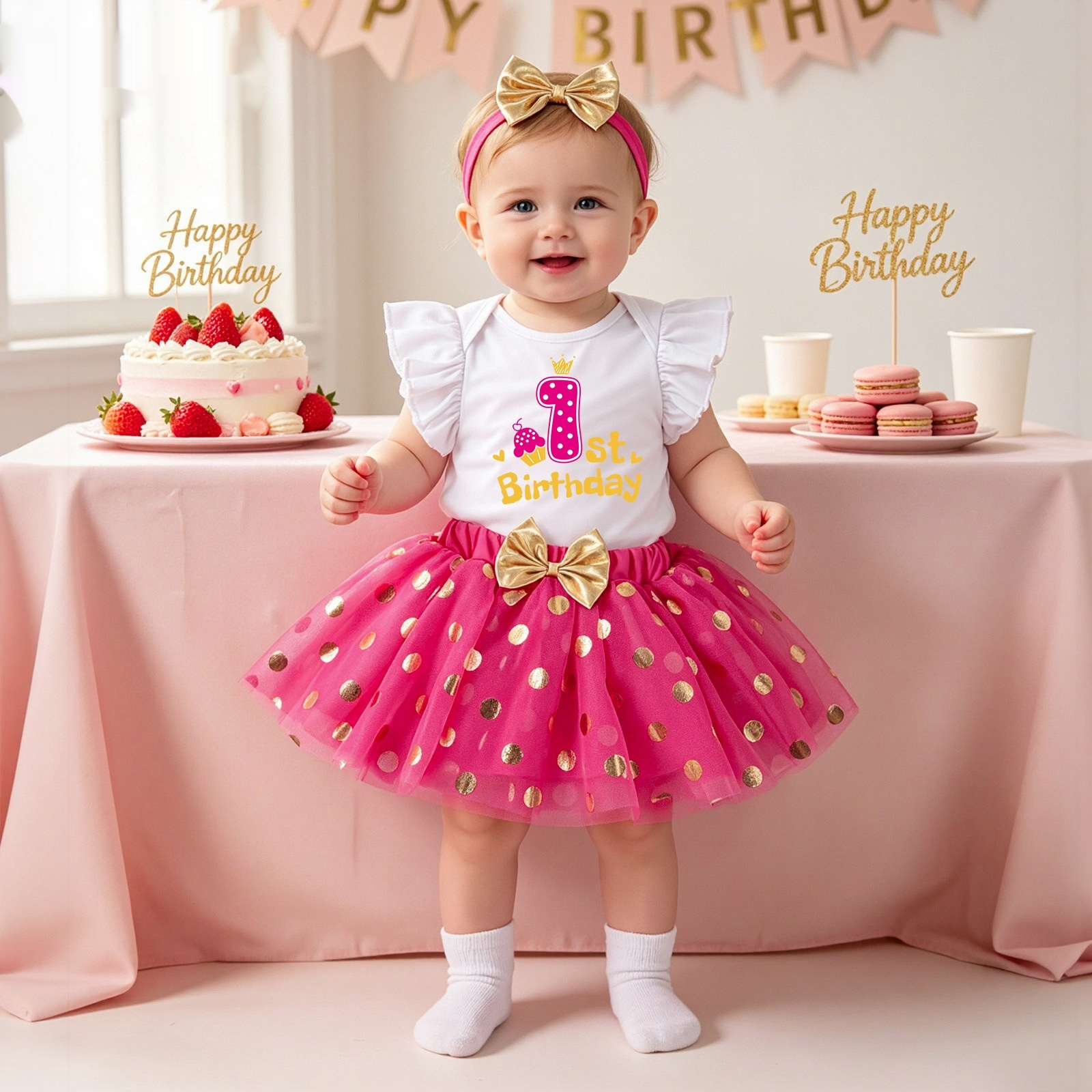 Girls' Puff-Sleeve Polka-Dot Dress Set