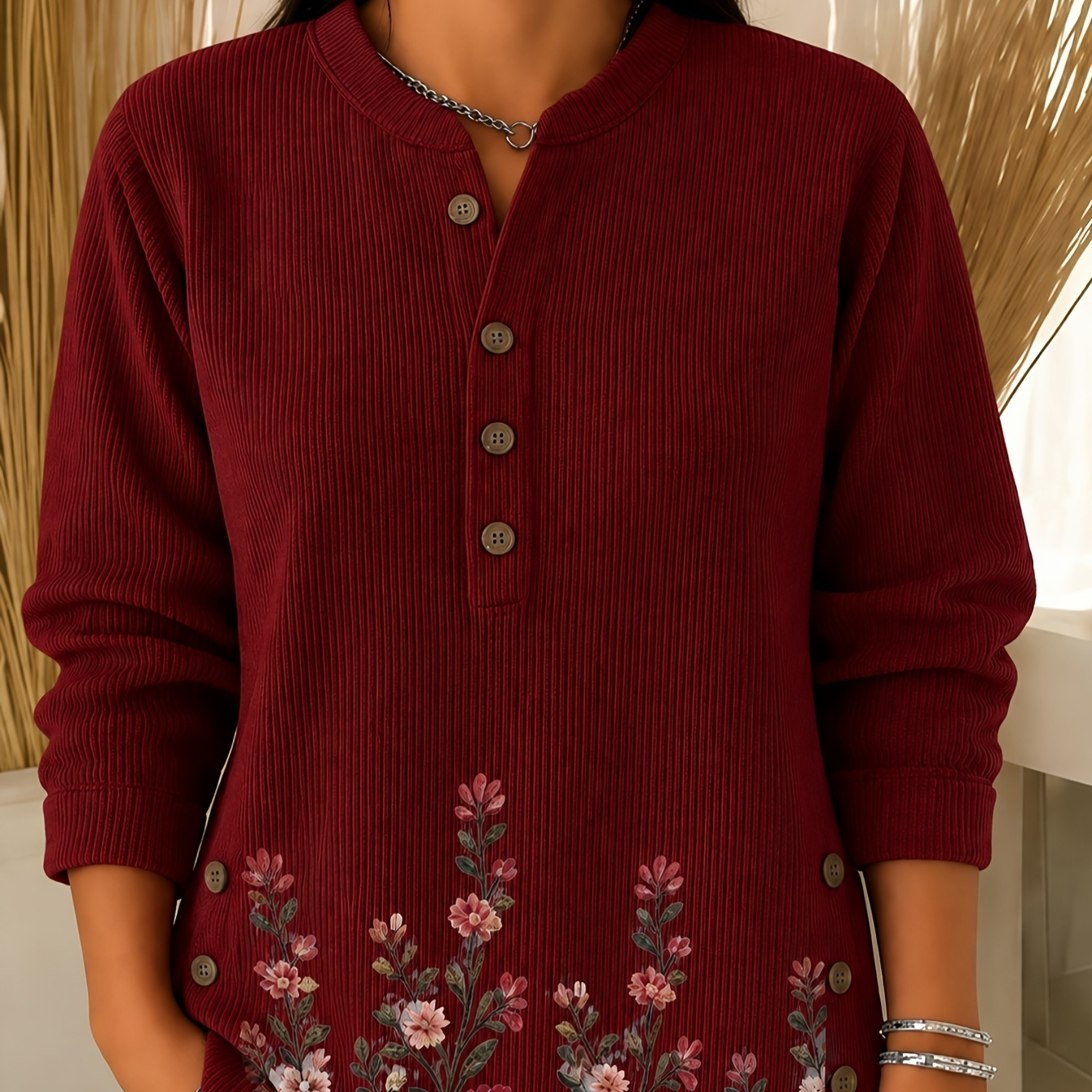 Button-up V-neck Long-sleeved Casual Shirt