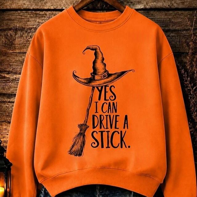Retro Loose-Fit Crew-Neck Witch Broom Print Long-Sleeve Sweatshirt