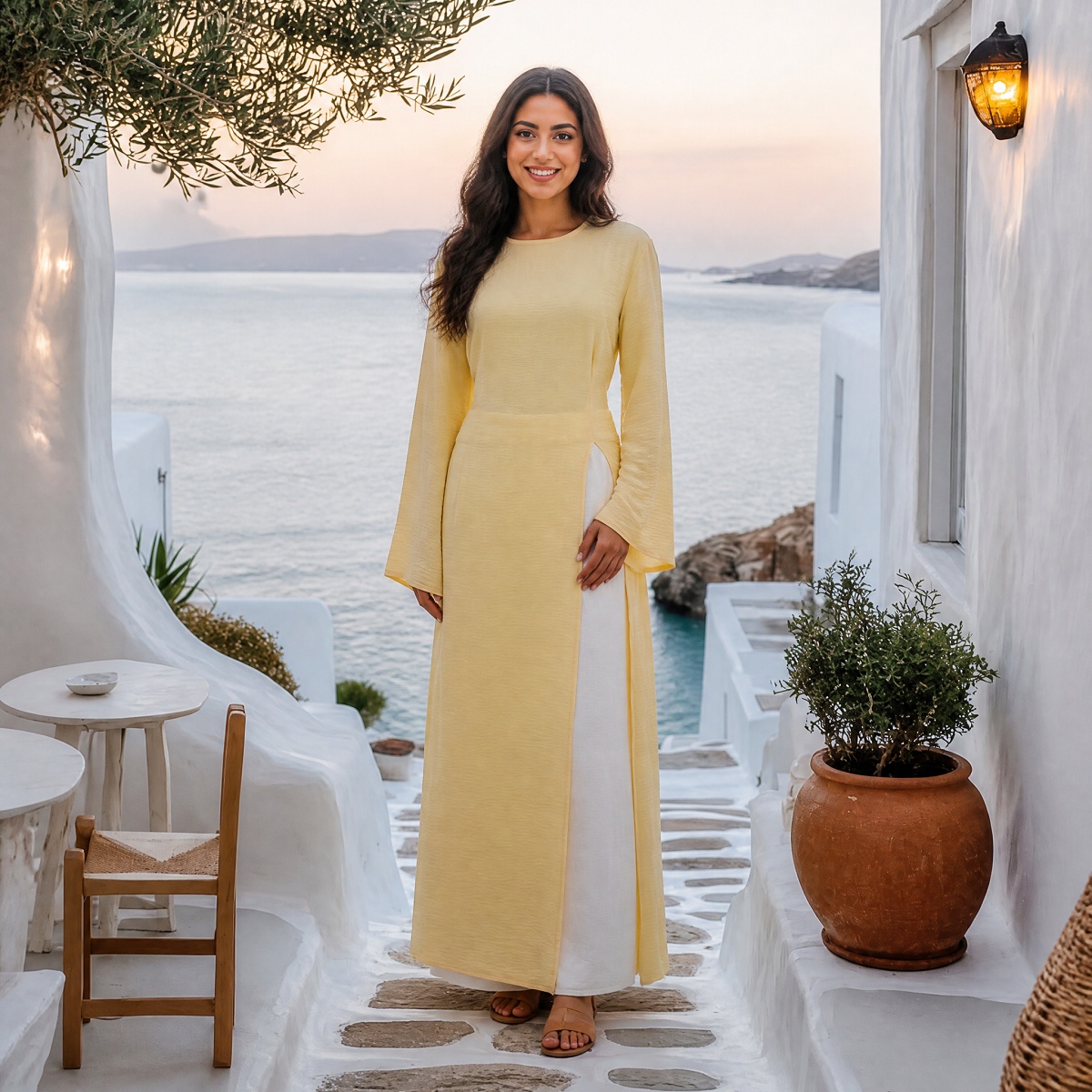 Long Sleeved Robe With Slit Solid Color Wide Leg Pants Two-piece Set