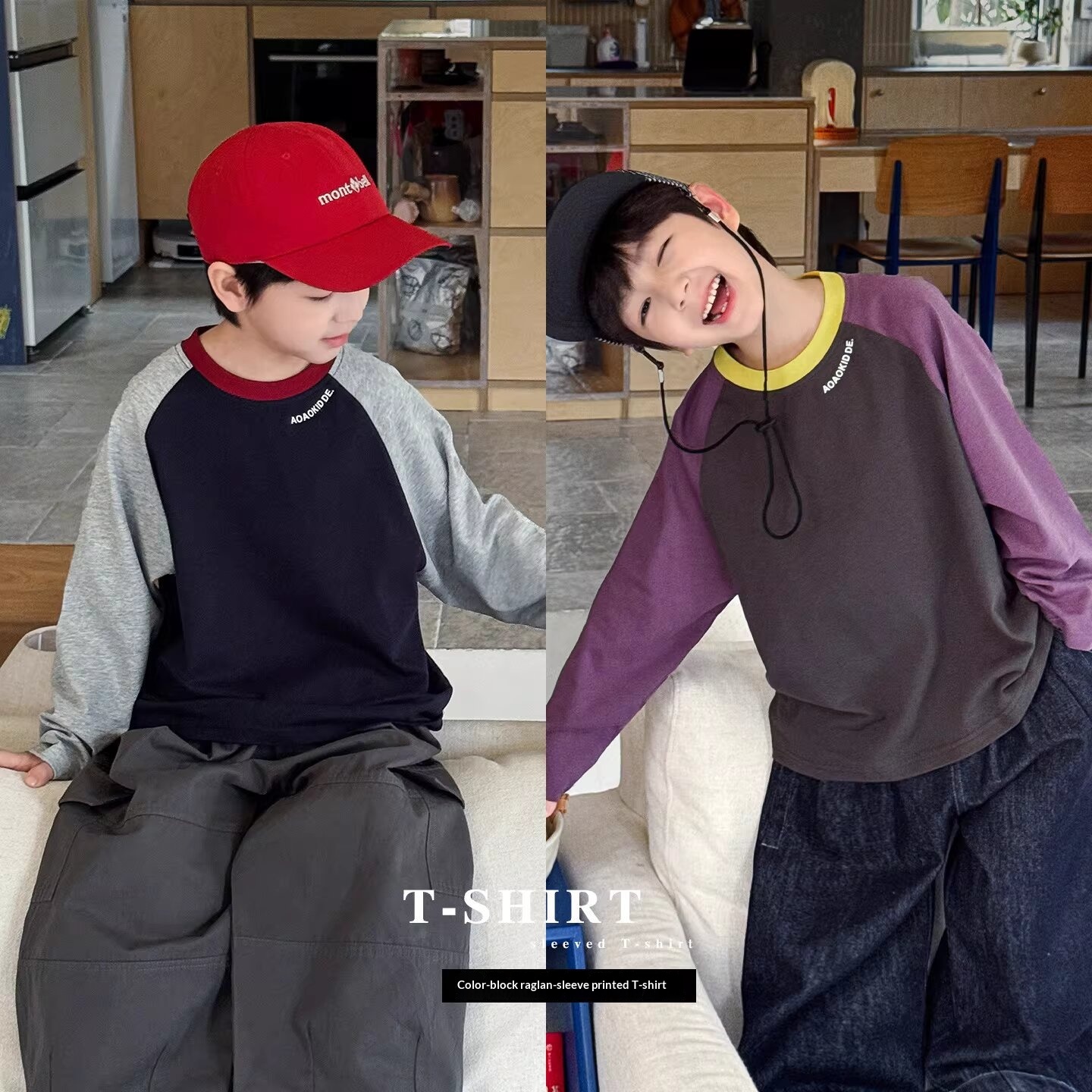 Korean-style Loose-fit Color-block Collar 100 Cotton Long-sleeve Kids' T-shirt