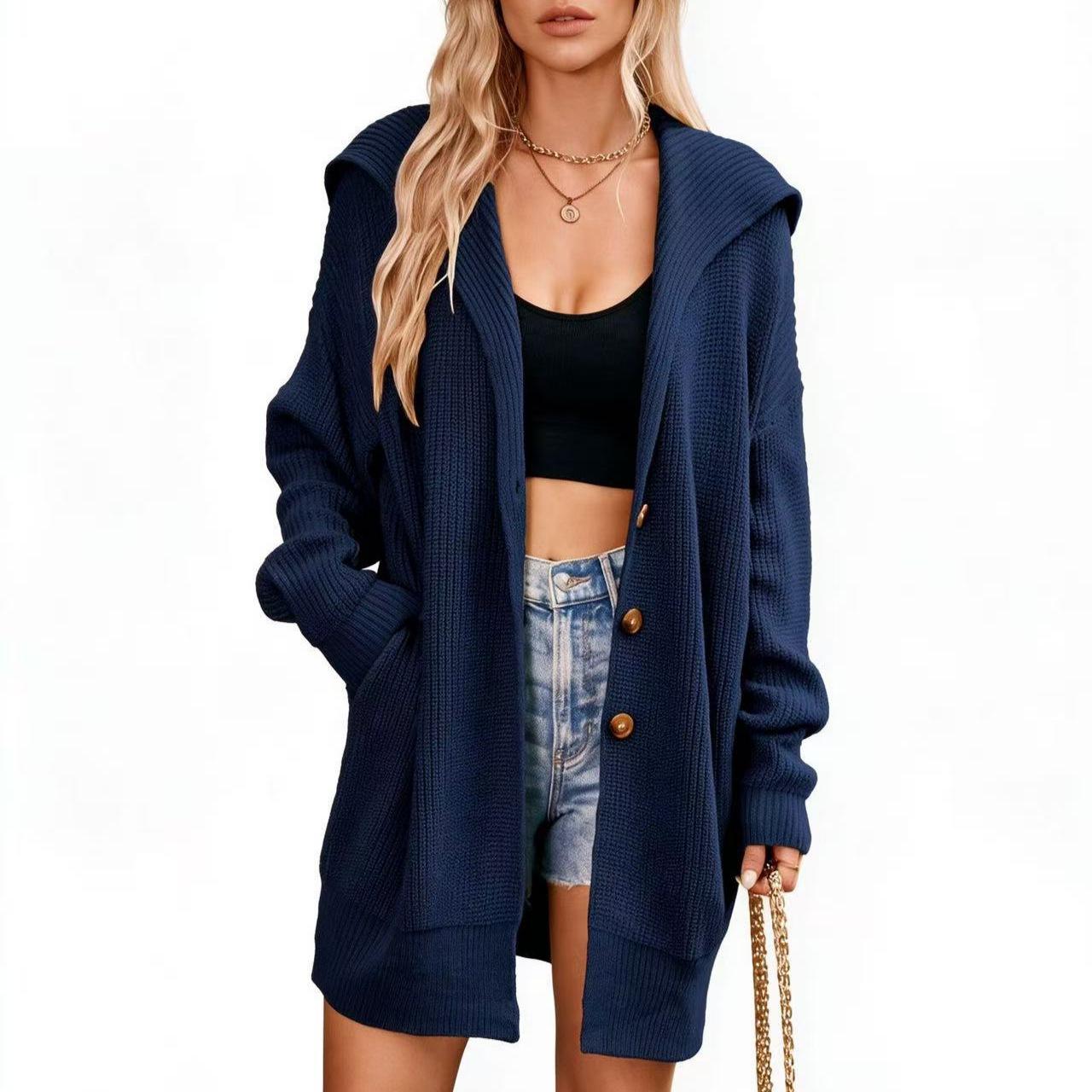 Hooded Mid-length Cardigan Women's Loose-fit Knit Sweater Coat