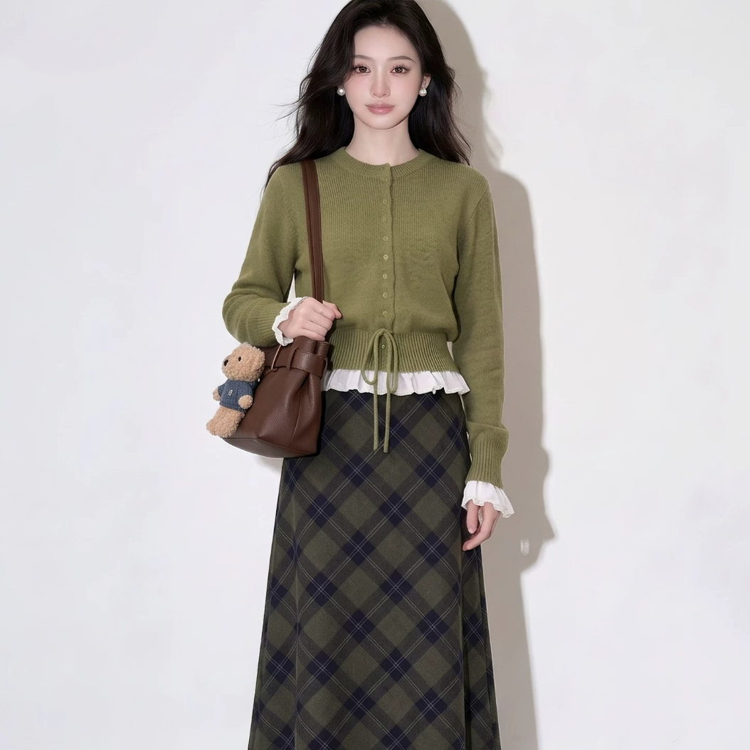 Knitted Cardigan And Plaid Skirt Two-piece Set For Women