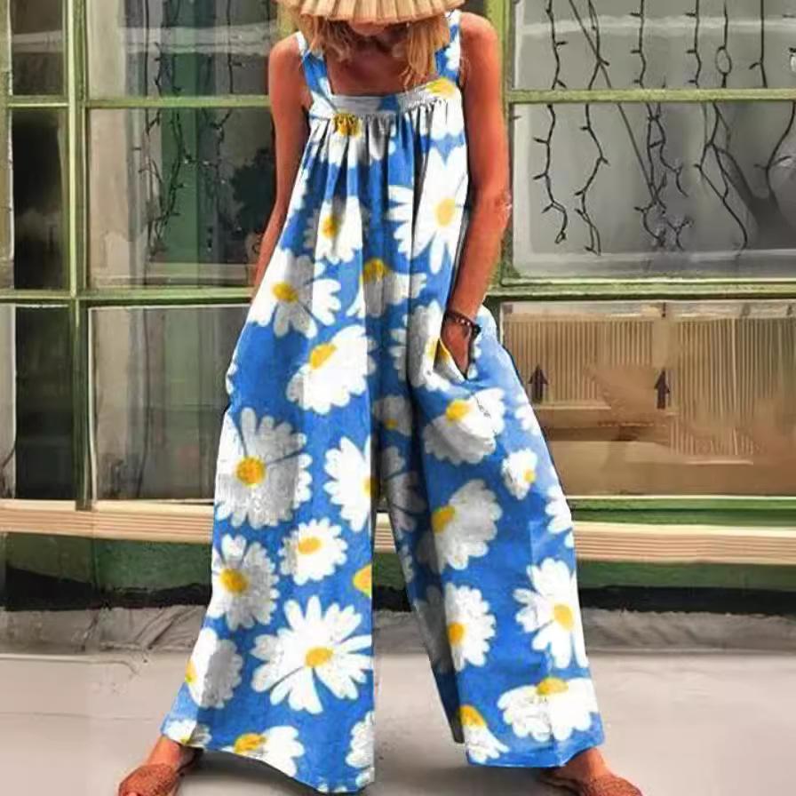 Retro Floral Loose-fit Strap Wide-leg Jumpsuit