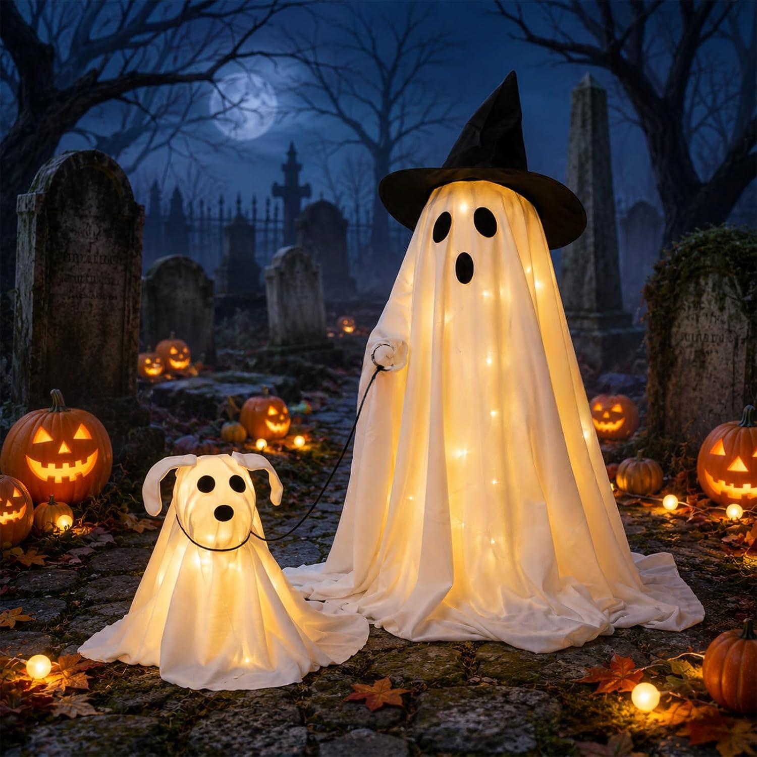 Wizard Ghost Dog-Walking Two-Piece Decorative Figurine Set