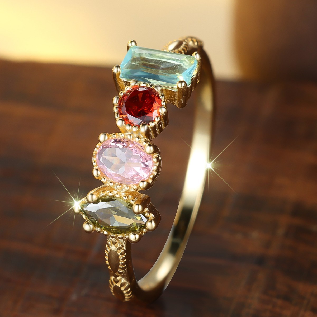 S925 Sterling Silver Fashionable Round Colorful Geometric Zircon Ring