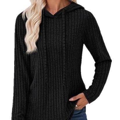 Women's Solid-color Ribbed Hooded Loose-fit Pullover Top