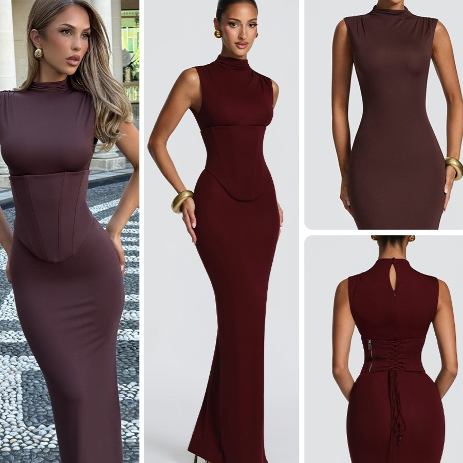 Women's Solid-color Turtleneck Sleeveless Underbust Waist-cinching Set