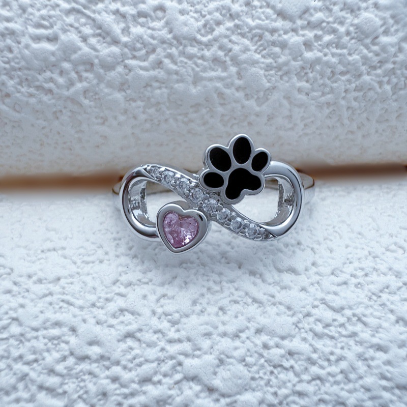 Pet Cat Dog Paw Print Love Birthday Stone Fashion Ring