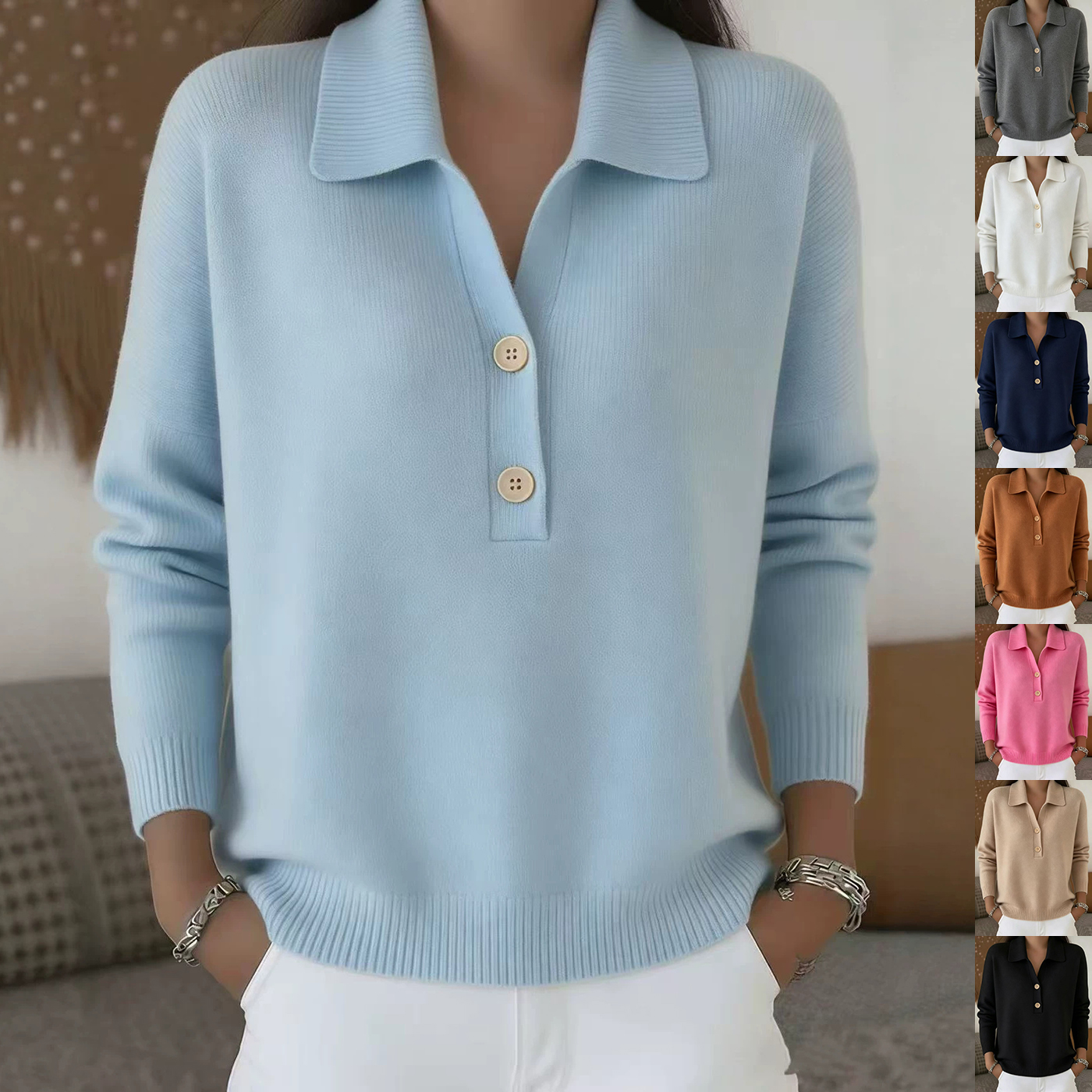 Button Lapel Sweater Women's Knitted Polo Neck Long Sleeve Pullover Top Casual Fall Winter Clothing