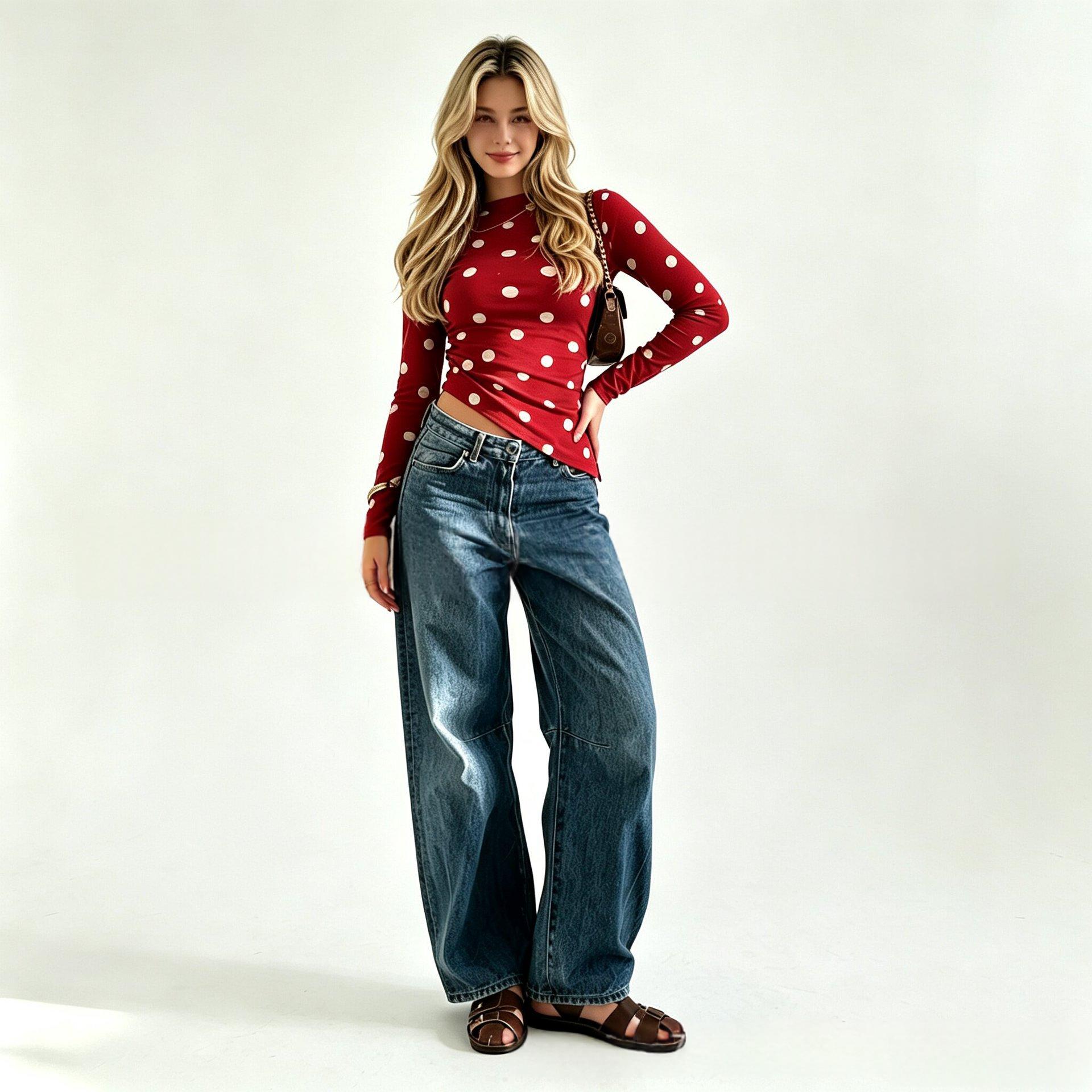 Retro Polka-dot Round-neck Sheer Mesh Long-sleeve Slimming Fit