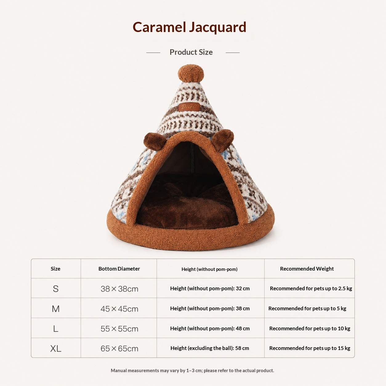 Removable Tent Style Pet Villa Bed - Soft Plush Dog Cat House with Washable Cushion for Indoor Outdoor Use Caramel Jacquard S