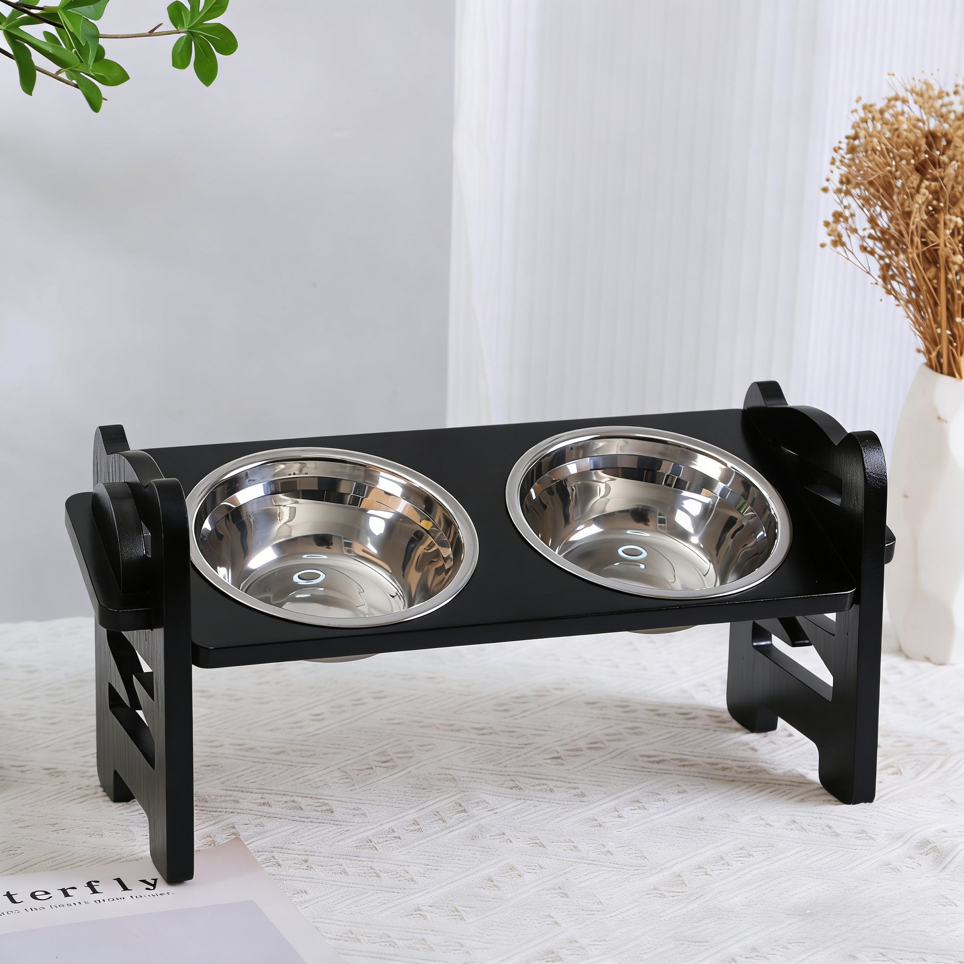 New Bamboo Wood Dogs And Cats Bowl Rack Pet Double Bowl - New Bamboo Wood Dogs And Cats Bowl Rack Pet Double Bowl 42.5x16.5x19.5CM