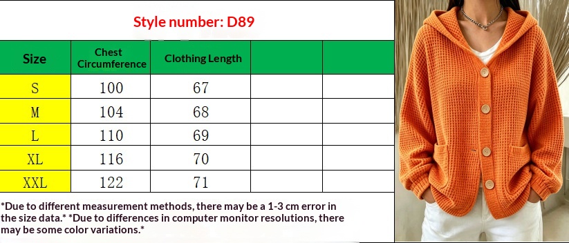 Size chart for Women's Hooded Button-Front Cardigan - Loose Fit