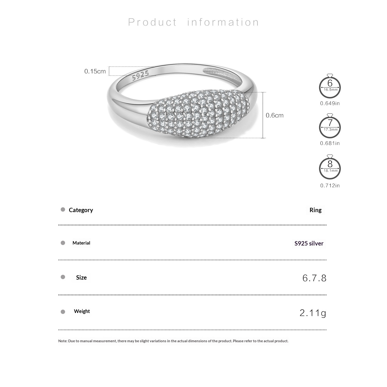 Women's S925 Silver Oval Pavé Ring - sizes 6 to 8 and inner diameters