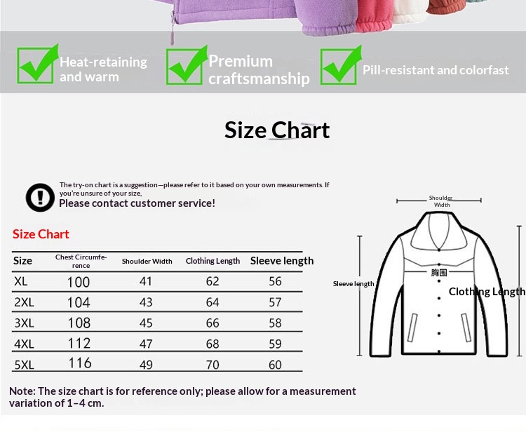 Women's Plus-Size Fleece Zip-Up Cardigan - size chart