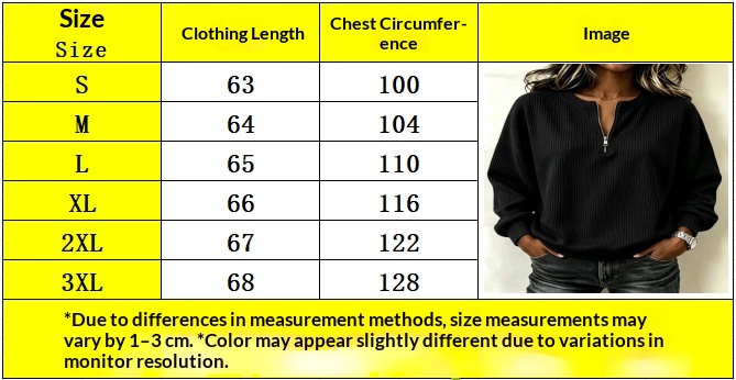 Size chart for Women's Zip-Up Corduroy Top - Loose Drop-Shoulder Fit