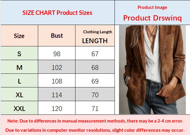 Women's Brown Suede-Look Lapel Blazer - S to XXL size chart