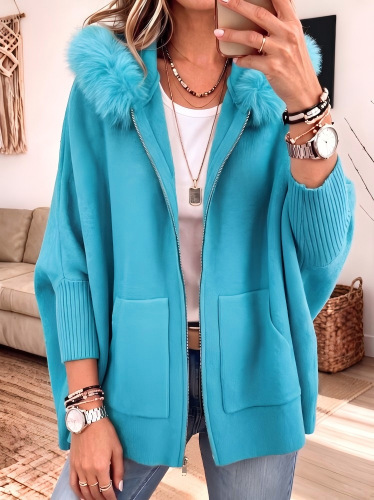 Ins Plush Hooded Cardigan Fashion Warm Pockets Zip-up Knitted Jacket Casual Outerwear Batwing Sleeve Sweater Women's Clothing — image 12 of 14