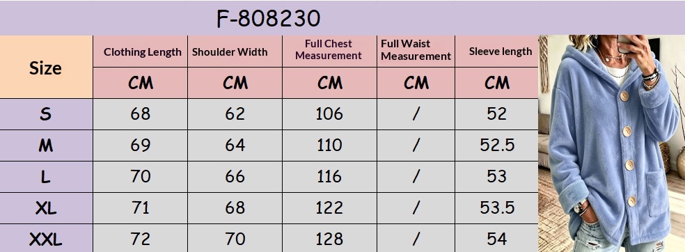 Women's Hooded Velvet-Look Button Cardigan - S to XXL size chart