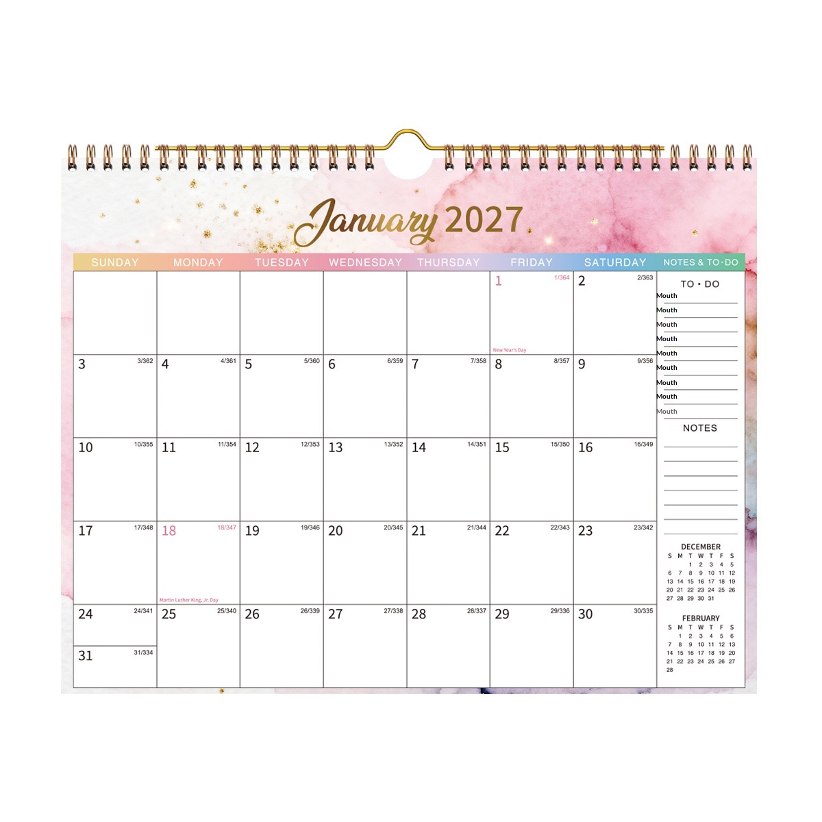 2027 Wall Calendar With English Text And Notes Section