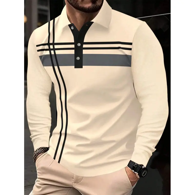 Loose Striped Printed Short Sleeve Polo Shirt For Men