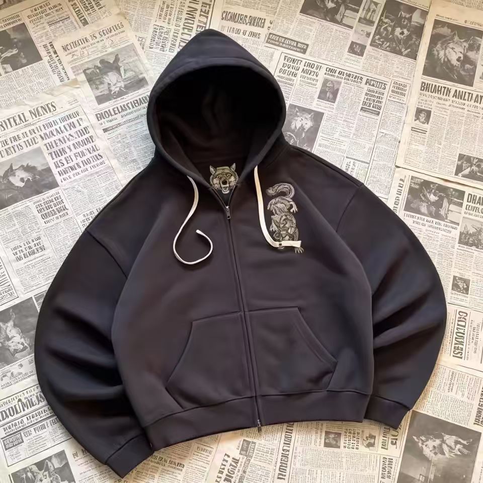 Embroidered Wolf Zip Up Hoodie detail