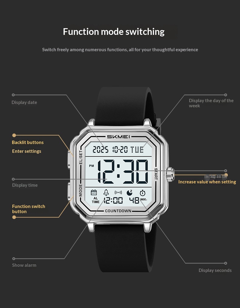 Skmei 2559 Trendy Multi-function Square Sports Digital Watch For Men 40mm dial