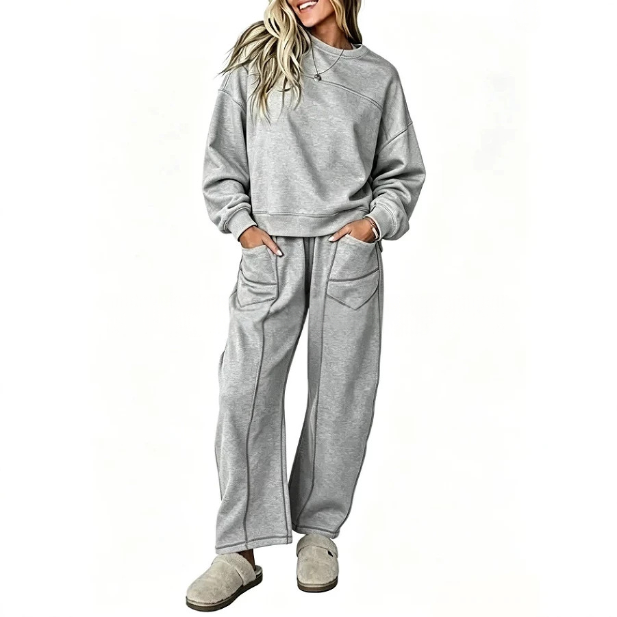 Women's Casual Solid-Color Sweatshirt Set