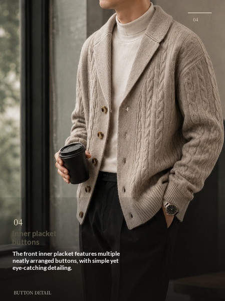Suit-Collar Cable-Knit Cardigan