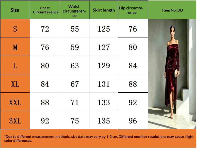 Off-shoulder velvet slit dress size chart with chest, waist, hip and length measurements for S to 3XL