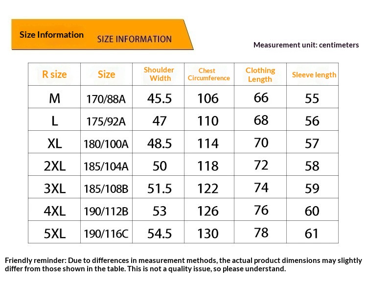 Size measurements chart for sizes M to 5XL