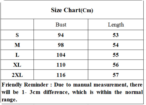 Dark blue layered-look top size chart in centimetres, S to 2XL
