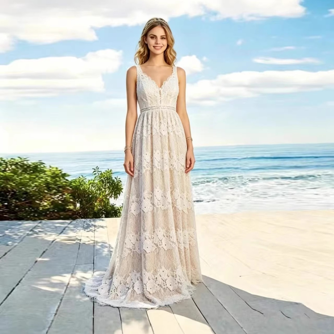 Women Bohemian Lace Embroidered V Neck Dress — image 1