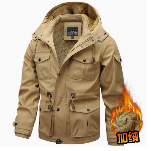 Winter Zip-up Coat Warm Thickened Detachable Hooded Jacket Multi-pocket Button Drawstring Long Sleeve Tops Men's Cargo Clothing — image 3 of 12