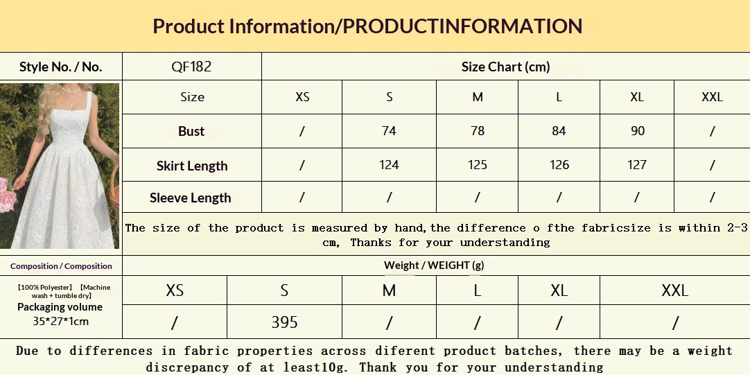 White square-neck sleeveless A-line dress supplier chart with S to XL bust and skirt length measurements