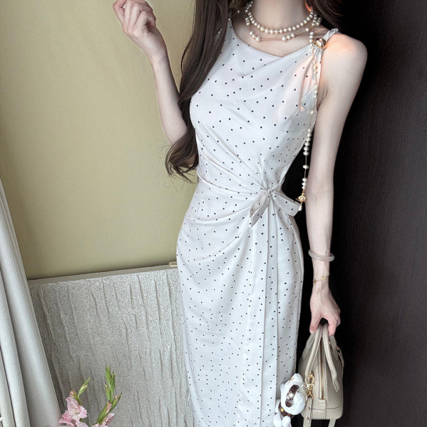 Female French Sleeveless Camisole Polka Dot Dress Summer Waisted Long Holiday Skirt
