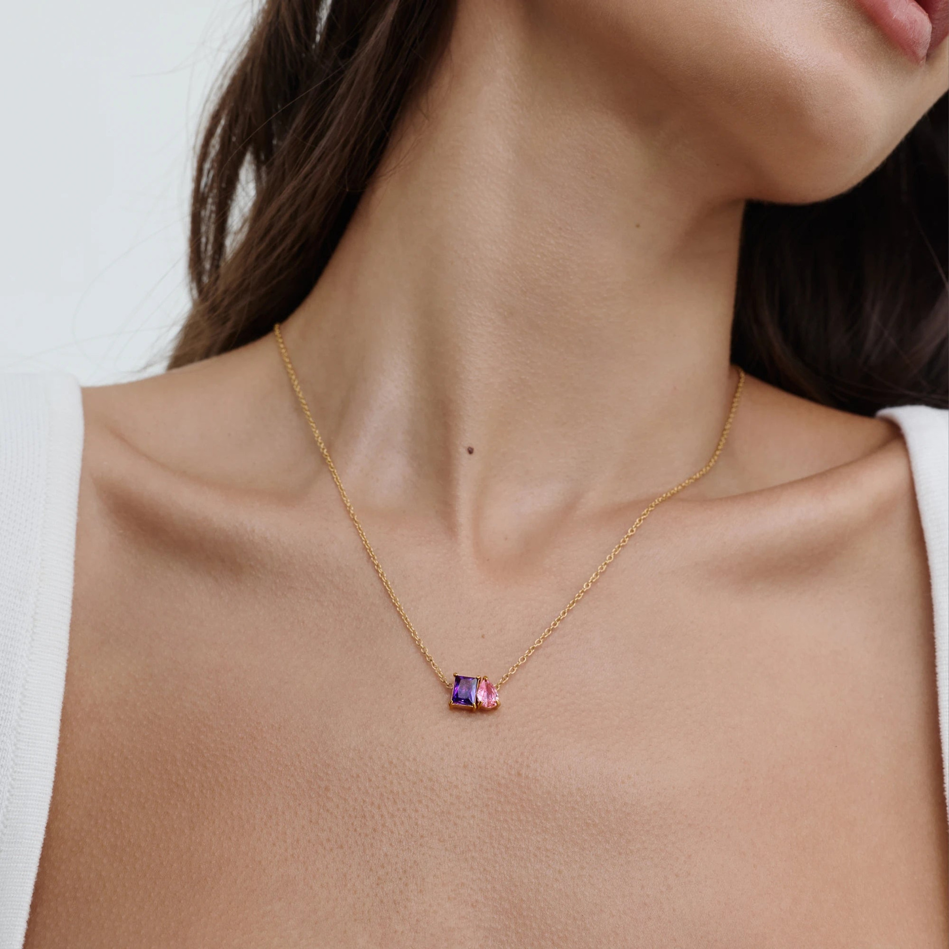 Stainless Steel 18K Gold Plated Water Drop Square Zircon Birthday Stone Pendant Necklace