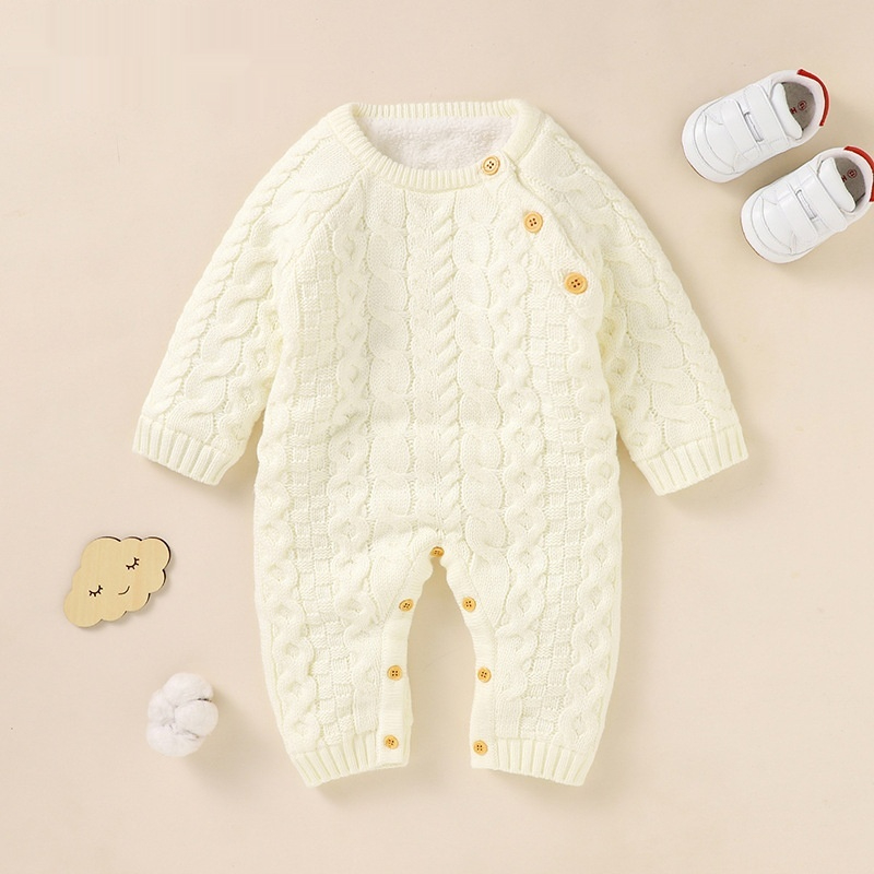 Baby's Solid-color Fleece-lined Romper With Braided Straps