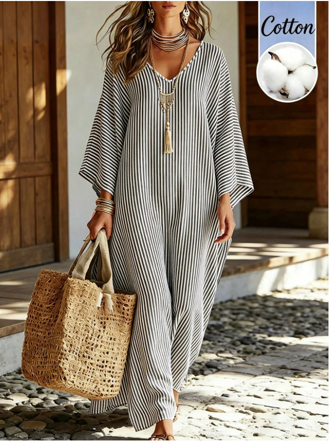 Striped V-Neck Long Dress in Action