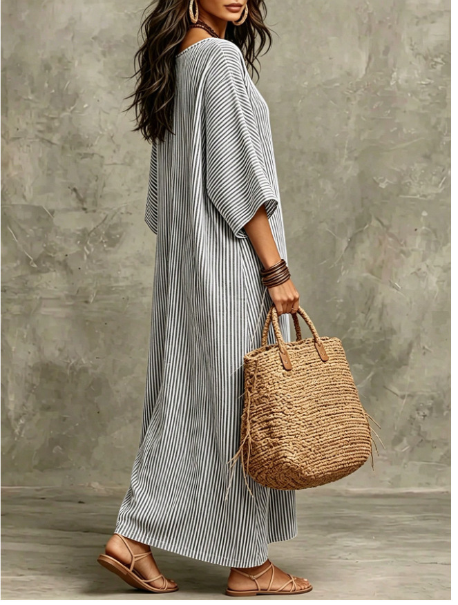 Various Colors of Striped V-Neck Long Dress