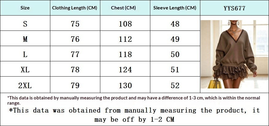 Relaxed V-neck ruffle-hem mini dress size chart with S to 2XL garment chest, sleeve and length measurements in centimetres