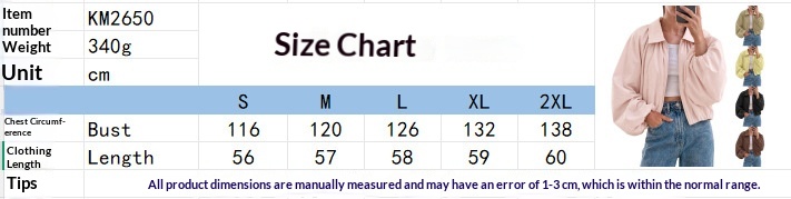 Women's Collared Zip-Front Jacket with Puff Sleeves - Size chart S to XXL